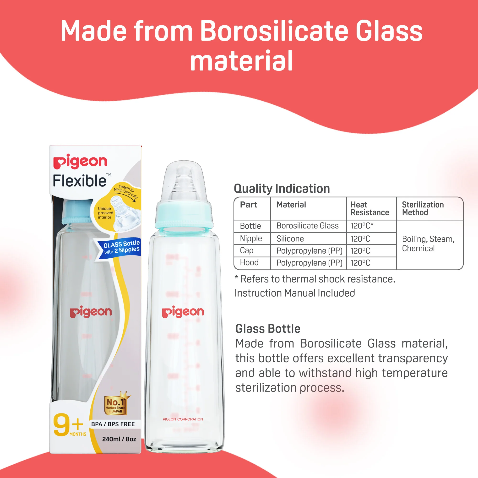 Glass Feeding Bottle 240ml with Add Nipple L - Image 6