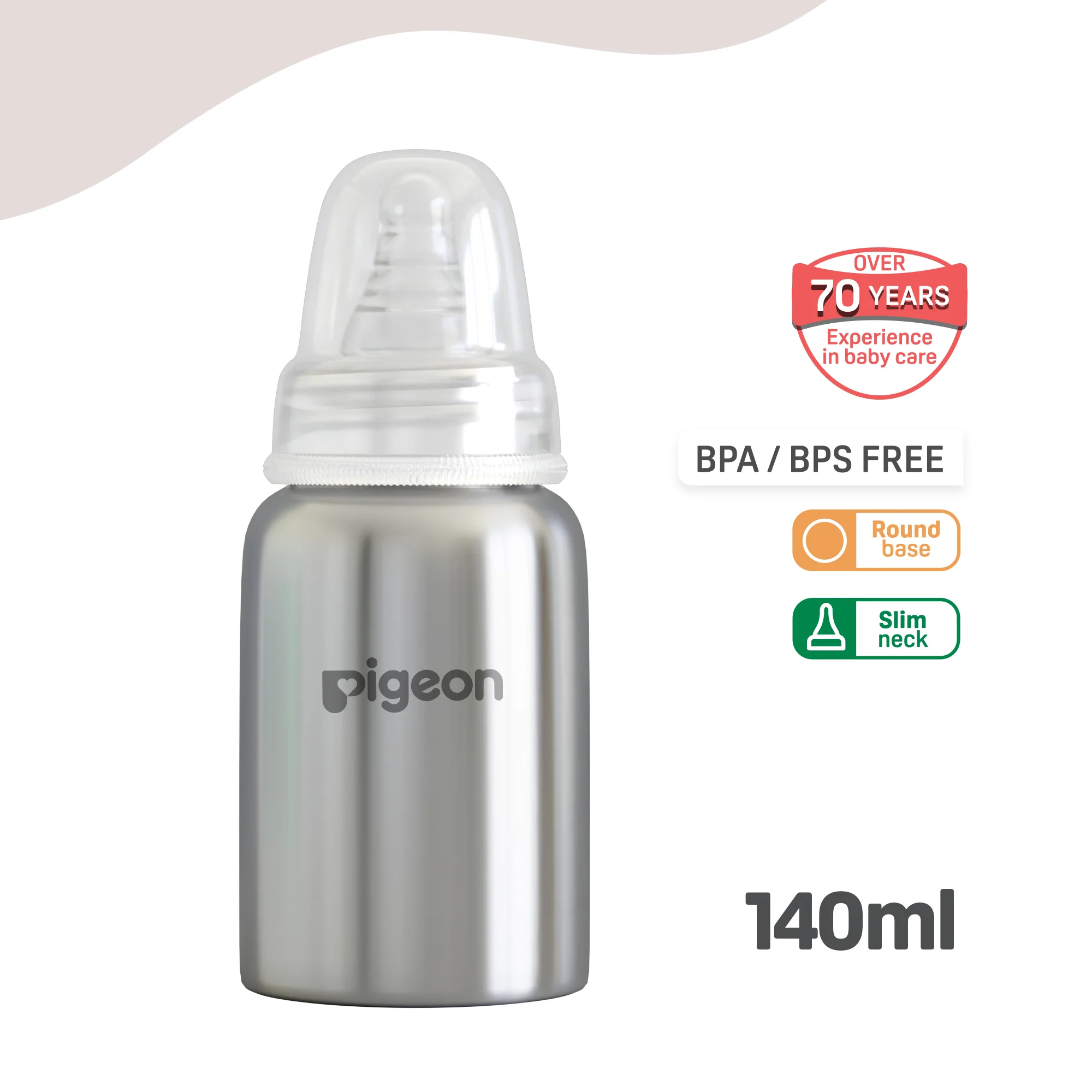 Pigeon Slim Neck steel bottle 140ml M size with plastic hood & cap (natural) - Image 3