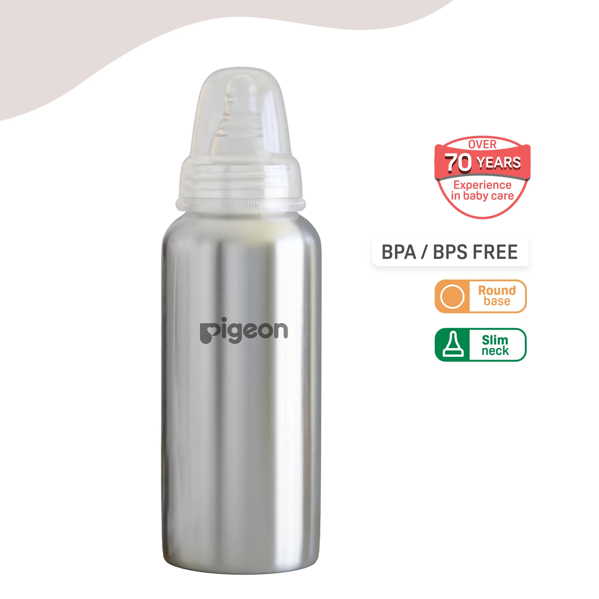Pigeon Slim Neck Steel bottle 240ml L size with plastic hood & cap (natural) - Image 3