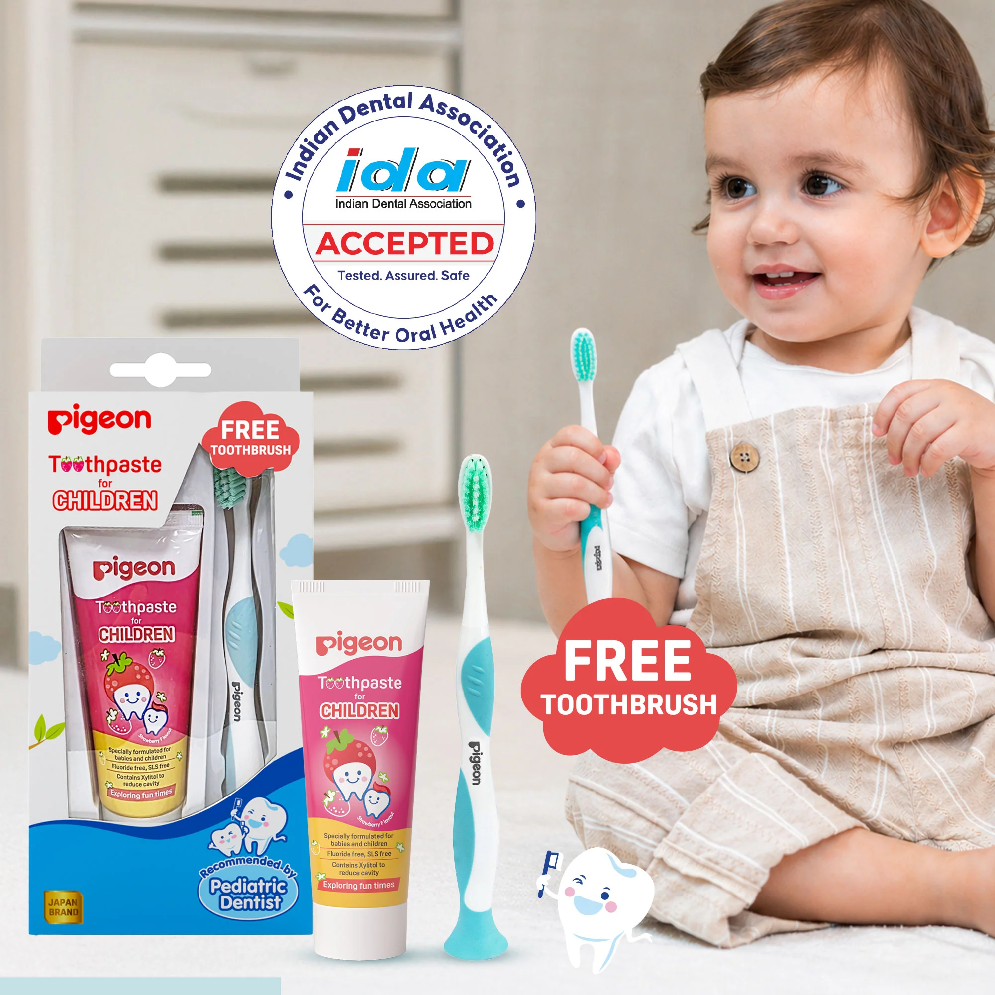TOOTHPASTE FOR CHILDREN STRAWBERRY 45GM , Free kid's toothbrush (Blue) - Image 9